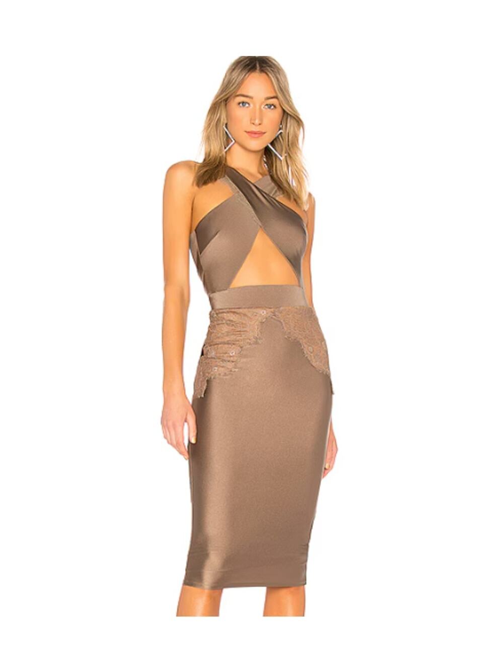 Michael Costello x REVOLVE Philip Midi Dress Lace Cut Out Halter Backless, Taupe